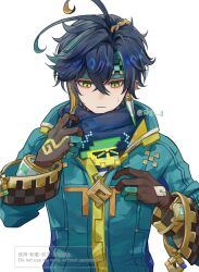  1boy ajaw_(genshin_impact) aqua_jacket black_hair brown_gloves closed_mouth commentary_request earrings genshin_impact gloves green_eyes green_hair green_headband hair_between_eyes headband highres jacket jewelry kinich_(genshin_impact) long_sleeves male_focus multicolored_hair short_hair skg_g solo 