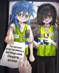  1other 2girls :3 absurdres ahoge black_hair blue_hair blush_stickers cellphone commentary crossover english_commentary english_text green_eyes green_vest hair_between_eyes hair_over_one_eye highres holding holding_paper holding_phone izumi_konata kagana_helsuki kuroki_tomoko lucky_star multiple_girls open_mouth paper phone police_badge pov pov_hands smartphone sweat vest walkie-talkie watashi_ga_motenai_no_wa_dou_kangaetemo_omaera_ga_warui! 