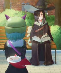  2girls ? absurdres arms_behind_back bench birthday black_hair black_hat black_jacket black_pantyhose black_robe blue_hair book bungo_yayoi cake cake_slice commentary_request day demon_wings eyelashes fake_horns fake_pincers fake_wings flowingcrescent food from_behind full_body hair_over_one_eye hat heaven_burns_red helmet highres holding holding_book holding_plate horned_helmet horns jacket light_particles long_hair long_sleeves looking_at_another multiple_girls on_bench one_eye_covered open_book open_clothes open_robe outdoors pantyhose park park_bench parted_lips plate red_eyes robe sailor_collar short_hair sitting tareme tenne_miko very_long_hair white_sailor_collar wide_sleeves wings witch witch_hat 