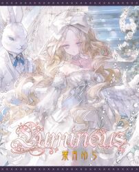  1boy 1girl album_cover album_name blonde_hair blue_eyes bow closed_mouth collarbone collared_shirt cover detached_sleeves dress falling_feathers feathered_wings feathers furry furry_male hair_bow highres jacket letterboxed long_hair looking_at_viewer original rabbit_boy second-party_source shirt stairs stitched strapless strapless_dress suit_jacket tochigi_kirihito very_long_hair white_bow white_dress white_feathers white_jacket white_shirt white_wings wings 