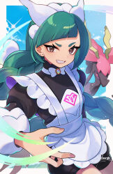  1girl apron black_romper blunt_bangs blush bow bowtie braid braided_ponytail breasts brown_eyes colored_sclera commentary_request dragalge fish green_hair grin hachimitsu_monte juliet_sleeves leafy_seadragon lebanne_(pokemon) long_braid long_hair long_sleeves maid maid_apron maid_headdress mega_stone open_mouth pokemon pokemon_(creature) pokemon_legends:_z-a puffy_sleeves red_sclera romper seahorse small_breasts smile teeth tsurime white_bow white_bowtie 