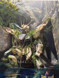  1girl acrylic_paint_(medium) boat chinese_commentary commentary_request day freedom_gundam gundam gundam_seed haro highres holding holding_oar lacus_clyne lixia_(acrylic_painter) long_hair mecha mecha_focus mobile_suit mountain oar on_boat outdoors overgrown painting_(medium) pink_hair reflection reflective_liquid robot science_fiction traditional_media tree v-fin water watercraft wide_shot 