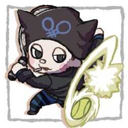  1boy ball beanie belt belt_buckle black_belt black_eyes black_hat black_jacket black_pants black_shoes blue_pants blush_stickers buckle chibi cigarette commentary_request danganronpa_(series) danganronpa_v3:_killing_harmony determined dress_shoes drop_shadow fake_horns half-closed_eyes hat holding holding_tennis_racket horned_headwear horns hoshi_ryoma jacket layered_sleeves leather leather_jacket long_sleeves looking_at_object lowres male_focus mouth_hold na_no_(nanoatm) outside_border pants parted_lips picture_frame playing_sports racket shoes sleeve_cuffs solo striped_clothes striped_pants tennis tennis_ball tennis_racket transparent_background two-tone_pants v-shaped_eyes 