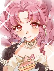  1girl bare_shoulders bead_necklace beads birthday black_gloves bow bow_choker bracelet brown_eyes cake cake_slice choker closed_mouth collarbone dot_nose dress drill_hair earrings eating eyelashes fengyewuguichu flower flower_bracelet flower_necklace food gloves gold_tiara happy happy_birthday highres holding holding_plate infinity_nikki jewelry light_blush light_particles lips long_hair looking_at_viewer melody_bloom_(infinity_nikki) momo_(nikki) necklace nikki_(nikki) nikki_(series) parted_lips pink_hair pink_lips plate rose shining_nikki sidelocks silky_sweet_dream_(shining_nikki) simple_background smile solo strapless strapless_dress tiara upper_body white_background white_bow white_choker white_dress white_flower white_rose 