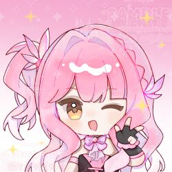  1girl alternate_color armband bare_shoulders black_choker black_dress black_gloves bow bow_choker bowtie braid brown_eyes chibi choker commission dress feather_hair_ornament feathers fingerless_gloves frilled_gloves frills gloves gradient_background hair_intakes hair_ornament highres idol infinity_nikki jiwang68127 light_blush long_hair long_sidelocks nikki_(nikki) nikki_(series) one_eye_closed one_side_up open_mouth pink_armband pink_background pink_bow pink_bowtie pink_dress pink_hair sample_watermark shining_nikki sidelocks single_braid smile solo sparkle starry_nocturne_(infinity_nikki) strapless strapless_dress two-tone_background two-tone_dress upper_body v voice_of_desire_(shining_nikki) watermark watermark_grid wavy_hair white_background 
