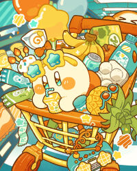  >_< apple balloon banana black_eyes blush_stickers bright_pupils candy commentary_request drink eyewear_on_head food food_packaging fruit groceries harukui highres indoors invincible_candy kirby kirby_(series) no_humans pineapple shopping_cart star-shaped_eyewear star_(symbol) waddle_dee white_pupils 