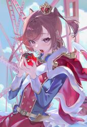  1girl aijou_karen belt belt_buckle blue_jacket blue_sky brown_eyes brown_hair buckle buttons clouds commentary crown daifunier day eating fingernails food food_bite food_on_face fur-trimmed_jacket fur_trim hands_up highres holding holding_food holding_vegetable jacket jacket_on_shoulders long_sleeves looking_at_viewer mini_crown multicolored_jacket open_mouth outdoors red_jacket red_skirt sash short_hair shoujo_kageki_revue_starlight shoulder_sash skirt sky solo sparkle steel_beam symbol-only_commentary tomato two-tone_jacket two_side_up upper_body vegetable waist_cape white_sash yellow_belt 