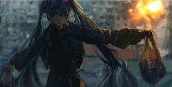  1girl aqua_hair atb bag casual city cityscape explosion groceries hatsune_miku highres holding holding_bag long_hair looking_to_the_side notice_lines outstretched_hand plastic_bag russo-ukrainian_war twintails ukraine very_long_hair vocaloid war winter worldwide_miku 