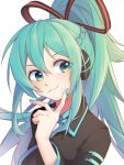  1girl :3 bangs blue_eyes blue_hair blush braid collared_shirt finger_to_own_chin hair_ribbon hand_up hatsune_miku hatsune_miku_(if) headphones highres index_finger_raised long_hair long_sleeves looking_to_the_side nail_polish ponytail ribbon shirt sidelocks smile solo v-shaped_eyebrows vocaloid wide_sleeves wing_collar xia_bao_(wulalala) 