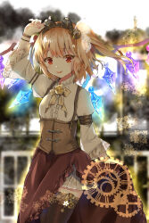  1girl :p alternate_costume blonde_hair bow bowtie brown_corset brown_thighhighs commentary_request corset cowboy_shot crystal crystal_wings dress flandre_scarlet flower gears goggles goggles_on_head highres long_sleeves looking_at_viewer minatsuki_yurara multicolored_wings neck_flower one_side_up red_eyes red_skirt roman_numeral rose side_slit skirt smile solo thigh-highs tongue tongue_out touhou white_dress wide_sleeves wings yellow_bow yellow_bowtie yellow_flower yellow_rose 