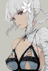 1girl bandaged_arm bandaged_neck bandages blue_negligee braid braided_hair_rings breasts closed_mouth flower grey_background grey_eyes hair_flower hair_ornament hair_rings highres kaine_(nier) long_hair medium_breasts negligee nier_(series) nutori_manga single_bare_shoulder solo under_boob upper_body white_flower white_hair 