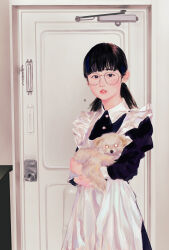  1girl animal apron black_dress black_eyes black_hair blush commentary_request cowboy_shot dog door dress glasses highres holding holding_animal holding_dog lips long_sleeves looking_at_viewer maid maid_apron medium_hair nose okubatomaeba original parted_lips realistic solo white_apron wispy_bangs 