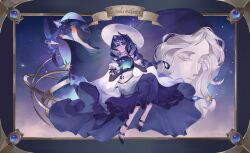  1girl 1other absurdres arknights armillary_sphere artist_name astesia_(arknights) astesia_(starseeker)_(arknights) bird blue_dress blue_eyes blue_hair braid bright_pupils crying dress elbow_gloves floating french_text full_body gem gloves happy_birthday hat high_heels highres holding holding_orb hood hood_up layered_dress long_hair looking_at_viewer orb outside_border picture_frame puffy_short_sleeves puffy_sleeves pupeteer_p short_sleeves sky smile solo_focus star_(sky) star_(symbol) starry_sky starry_sky_background white_dress white_hat white_pupils wide_brim 