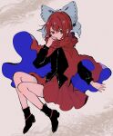  1girl black_footwear black_vest blue_bow blue_cloak boots bow cloak commentary covered_mouth dot_nose eyebrows_behind_hair full_body hair_between_eyes hair_bow hand_up highres long_sleeves looking_at_viewer medium_hair mozukuzu_(manukedori) red_cloak red_eyes red_skirt redhead sekibanki skirt solo touhou two-sided_cloak two-sided_fabric vest 