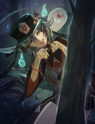  1girl artist_name bead_bracelet beads black_hat black_jacket black_nails black_shorts blue_fire boo_tao_(genshin_impact) bracelet branch brown_hair chinese_clothes collared_jacket cowboy_shot fingernails fire flower flower-shaped_pupils forest genshin_impact ghost grass hair_between_eyes hands_up hat hat_flower hat_ornament hat_tassel highres hu_tao_(genshin_impact) jacket jewelry long_hair long_sleeves looking_at_viewer multicolored_jacket multiple_rings nail_polish nature night open_mouth orange_pupils outdoors purple_sky red_eyes red_flower red_jacket red_shirt ring s_179000 shirt short_shorts shorts sky smile solo standing symbol-shaped_pupils tassel teeth tongue tongue_out tree twintails two-tone_jacket wavy_hair wide_sleeves 