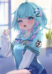  1girl ahoge between_legs blue_bow blue_eyes blue_hair blue_shirt blue_shorts bow braid commentary_request corrupted_twitter_file curtains fangs hair_bow hair_flaps hair_ornament hand_between_legs hand_up highres hololive hololive_dev_is indoors layered_sleeves long_sleeves looking_at_viewer low_twin_braids mizumiya_su mizumiya_su_(1st_costume) multicolored_hair no_jacket open_mouth pink_hair pink_streaks plant potted_plant print_shirt shirt short_over_long_sleeves short_shorts short_sleeves shorts sitting sleeves_past_wrists solo streaked_hair tatsu_(tattti2022) tears teeth torn_clothes torn_shirt torn_shorts twin_braids two-tone_hair upper_body upper_teeth_only virtual_youtuber waking_up white_sleeves window x_hair_ornament 