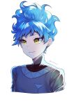  1boy bangs blue_hair closed_mouth cropped_torso highres joints looking_away male_focus mechanical_parts ortho_shroud robot_joints short_hair simple_background smile solo spiky_hair twisted_wonderland twitter_username wavy_hair white_background yellow_eyes yucke19 