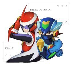  2boys armor assault_visor black_hair blue_bodysuit blue_helmet bodysuit brown_hair cross_fusion eugene_chaud_(mega_man) green_eyes helmet lan_hikari_(mega_man) long_hair male_focus mask mega_man_(series) mega_man_battle_network_(anime) mega_man_battle_network_(series) megaman.exe mouth_mask multicolored_hair multiple_boys noro_zt protoman.exe red_armor red_helmet request_inset short_hair simple_background two-tone_hair white_background white_hair 