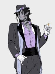  1boy :q alternate_costume bags_under_eyes beard_stubble black_hair black_hat black_jacket black_pants bow bowtie buuufg centipede_tattoo coin collarbone collared_shirt colored_skin commentary_request cowboy_shot dress_pants ear_piercing earrings facial_hair fedora forked_tongue gloves gold_earrings green_eyes grey_background grey_scarf grey_skin hair_between_eyes half_updo hand_in_pocket hand_up hat high-waist_pants highres holding holding_coin jacket jewelry korean_commentary lapels legs_apart long_sleeves looking_to_the_side male_focus mature_eyes mature_male medium_hair neck_tattoo octavinelle_dorm_uniform pants partially_unbuttoned peaked_lapels pectoral_cleavage pectorals piercing pointy_ears purple_shirt raised_eyebrows scar scar_on_cheek scar_on_face scar_on_mouth scarf shirt shirt_tucked_in simple_background solo standing stubble suspenders swing_(twisted_wonderland) tattoo tongue tongue_out twisted_wonderland undone_bowtie white_bow white_bowtie white_gloves 