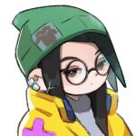  1girl beanie chibi earrings glasses green_headwear hair_behind_ear hat jacket jewelry killjoy_(valorant) long_hair portrait round_eyewear shirt solo valorant white_background white_shirt yellow_jacket yukino_super 