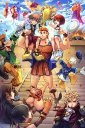  5girls 6+boys angry aphrodite_(disney) ares_(disney) armor athena_(disney) bare_shoulders beard belt bird black_belt black_choker black_feathers black_jacket blonde_hair blue_coat blue_eyes blue_hat blue_pants boots bottle bow_(weapon) bracer breastplate breasts brick_wall brown_armor brown_gloves brown_hair camisole center_opening chain chain_necklace choker clenched_teeth cloak closed_eyes cloud_strife clouds cloudy_sky coat colosseum confetti couple cropped_jacket cup dionysus_(disney) dog donald_duck dress drinking duck earrings facial_hair falling_feathers feathers fingerless_gloves fishnet_sleeves fishnets flaming_head flying full_body furrowed_brow gladiator_sandals gloves goat_boy goat_horns goat_tail goofy green_sweater grey_hair grin hades_(disney) hair_between_eyes hand_up hat headband helmet hera_(disney) hercules_(1997_movie) hercules_(disney) hermes_(disney) hetero highres holding holding_bottle holding_bow_(weapon) holding_cup holding_shield holding_staff holding_sword holding_weapon hollypolllyy horns husband_and_wife jacket jewelry jumping kairi_(kingdom_hearts) kingdom_hearts kingdom_hearts_i laughing long_dress long_hair looking_at_another mature_male medium_breasts multiple_boys multiple_girls muscular muscular_male necklace no_pants official_alternate_costume one_eye_closed open_mouth orange_gloves orange_hat outstretched_arm own_hands_together pants parted_lips pauldrons philoctetes plume pompadour purple_skirt red_cloak red_dress red_hair red_headband red_shoes ribbed_sweater sandals satyr scarf shield shirt shoes short_hair shoulder_armor single_pauldron sitting sitting_on_shoulder skirt sky smile sora_(kingdom_hearts) spiky_hair squall_leonhart squirting_liquid staff stairs standing standing_on_one_leg strapless strapless_dress sweater sword tail teeth toga topless_male turtleneck turtleneck_sweater upper_body weapon white_camisole white_shirt white_shoes winged_helmet winged_shoes yellow_boots yellow_pants yellow_scarf yuffie_kisaragi zeus_(disney) 