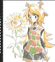  1girl :< animal_ears animal_nose antlers art_program_in_frame black_eyes black_shirt black_skirt blonde_hair checkered_sweater_vest closed_mouth commentary cowboy_shot deer_ears deltarune flower freckles green_sweater_vest hashtag-only_commentary horns long_hair long_sleeves noelle_holiday pleated_skirt red_sweater_vest reindeer_antlers reindeer_girl shirt simple_background sketch skirt sleeve_cuffs solo standing sunflower sweater_vest two-tone_sweater_vest utdr_(toby_fox) very_long_hair viscogone white_background wing_collar yellow_flower 