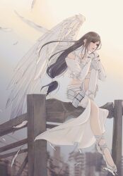  1girl angel_wings asymmetrical_legwear bare_shoulders belt black_hair blurry blurry_background chest_strap closed_mouth commentary_request cropped_shirt falling_feathers feathered_wings feathers final_fantasy final_fantasy_vii final_fantasy_vii:_ever_crisis full_body gloves highres knee_pads knee_up lips long_hair low-tied_long_hair midriff mixmomo_yah navel off-shoulder_shirt off_shoulder official_alternate_costume outdoors red_eyes shirt single_knee_pad single_wing sitting skirt solo tifa_lockhart tifa_lockhart_(feather_style) white_feathers white_gloves white_shirt white_skirt white_wings wings 