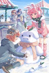  4girls :o animal_ears beanie belt bent_over beret blue_eyes blue_sky blush boots bow box brown_hair bunny_ears cable_knit candy_cane christmas coat commentary cookie cute doki_doki_literature_club earmuffs english_commentary fake_animal_ears fluff food from_side gift gift_box gingerbread_man gloves green_eyes hair_intakes hair_ornament hair_ribbon hairclip half_updo hand_on_own_thigh hat highres holding holding_leaf holding_phone hood hood_down hooded_jacket jingle_bell kneehighs leaf leaning_forward leg_warmers long_hair long_skirt long_sleeves looking_at_another mittens monika_(doki_doki_literature_club) multiple_girls natsuki_(doki_doki_literature_club) official_art open_coat open_mouth pink_eyes pink_hair pointing pointing_up pom_poms ponytail purple_eyes purple_hair rabbit_ears ribbon satchely sayori_(doki_doki_literature_club) scarf shoes short_hair shoulder_bag sitting_on_ground skirt smile snow snow_bunny snowman socks teeth tongue tongue_out twintails winter yuri_(doki_doki_literature_club) 