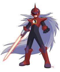  1boy absurdres arm_blade armor black_bodysuit bodysuit boots energy_sword full_body grey_hair helmet highres ligoniblack long_hair male_focus mega_man_(series) mega_man_battle_network_(series) protoman.exe red-tinted_eyewear red_armor red_boots red_helmet simple_background solo sword tinted_eyewear weapon white_background 