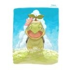  border closed_eyes clouds commentary_request day facing_viewer flower grass happy no_humans open_mouth outdoors oyasuminjyutsu pink_flower pokemon pokemon_(creature) signature sky smile solo tongue turtwig white_border 
