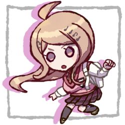  1girl ahoge akamatsu_kaede backpack bag black_socks blonde_hair breasts brown_shoes buckle chibi collared_shirt commentary_request crest danganronpa_(series) danganronpa_v3:_killing_harmony determined drop_shadow eyelashes floating_hair hair_ornament hairclip kneehighs large_breasts loafers long_hair long_sleeves looking_at_viewer lowres miniskirt musical_note musical_note_hair_ornament musical_note_print na_no_(nanoatm) necktie orange_necktie outside_border picture_frame pink_vest pleated_skirt print_skirt purple_skirt shirt shoes sidelocks skirt socks solid_circle_eyes solo transparent_background v-neck vest violet_eyes white_bag white_shirt 