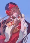  1girl absurdres ascot bird bird_on_hand blue_background blurry blush bow brown_hair detached_sleeves dress flower frilled_bow frilled_hair_tubes frills hair_bow hair_tubes hakurei_reimu hand_up highres holding holding_flower long_hair looking_at_animal parted_lips red_bow red_dress red_eyes ribbon-trimmed_sleeves ribbon_trim sidelocks sleeveless sleeveless_dress solo touhou upper_body very_long_hair white_sleeves wide_sleeves yellow_ascot yellow_flower zhiming_shang 