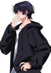  1boy absurdres alternate_body_size alternate_costume arm_at_side bespectacled black_hair black_hood black_jacket black_sleeves blunt_ends blush contemporary covering_own_mouth dintoge drawstring ear_blush fingernails formal_clothes from_side genshin_impact glasses grey_eyes hair_intakes hand_on_own_hip hand_over_own_mouth highres hood hood_down hooded_jacket jacket long_sleeves male_focus neck_blush open_hand profile scaramouche_(genshin_impact) shirt solo undershirt white_shirt 