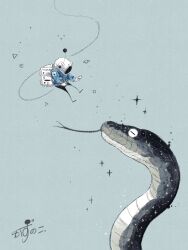  1other animal antennae black_pants blue_jacket cable forked_tongue grey_background helmet highres jacket kazunoko_(kazunoko_zunoco) mini_person original pants signature simple_background snake space_helmet sparkle tongue 