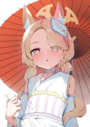  1girl absurdres animal_ear_fluff animal_ears aoto_mei blonde_hair blue_archive choko_(cup) commentary_request cup detached_sleeves flat_chest fox_ears fox_girl halo highres holding holding_cup japanese_clothes kimono long_hair looking_at_viewer low_twintails multicolored_eyes oil-paper_umbrella paid_reward_available parted_lips partial_commentary red_umbrella seia_(blue_archive) simple_background sleeveless sleeveless_kimono solo twintails two-tone_eyes umbrella upper_body violet_eyes white_background white_kimono white_sleeves yellow_eyes yellow_halo 