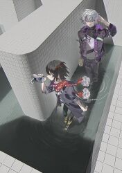  2boys absurdres arm_behind_head arm_up backrooms_(creepypasta) black_hair black_jacket black_pants camcorder camera earrings full_body fuwa_minato fuwa_minato_(1st_costume) hair_ornament highres holding holding_camera jacket jewelry kome_non long_sleeves male_focus mashiro_meme mashiro_meme_(1st_costume) multicolored_hair multiple_boys necklace nijisanji open_clothes open_jacket pants red_scarf ripples scarf single_earring standing streaked_hair tile_wall tiles video_camera violet_eyes virtual_youtuber wading water white_hair 