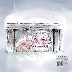  1girl blush cat commentary_request doro_(nikke) goddess_of_victory:_nikke highres licking pink_hair rain short_hair wada_chakuchiten whiskers 