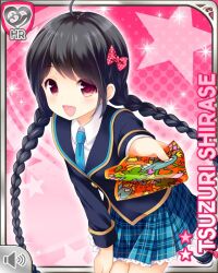  1girl :d ahoge black_hair blue_necktie blue_skirt bow braid card_(medium) character_name girlfriend_(kari) hair_bow handkerchief holding holding_handkerchief jacket looking_at_viewer miniskirt necktie official_art open_mouth pink_background pink_bow plaid_clothes plaid_skirt pleated_skirt polka_dot polka_dot_bow qp:flapper red_eyes school_uniform shirase_tsuzuri shirt skirt smile solo standing thighs twin_braids white_shirt 