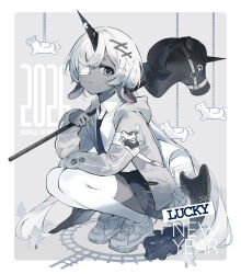  1girl 2026 absurdres animal_ears bag black_necktie black_skirt chinese_zodiac colored_skin commentary dated eyepatch full_body grey_background grey_eyes grey_jacket grey_skin highres hobby_horse horse_ears jacket long_hair looking_at_viewer medical_eyepatch necktie new_year original satchel shirt shoes skirt sneakers solo soyoong_jun squatting thigh-highs toy_train unicorn_girl unicorn_horn very_long_hair white_hair white_shirt white_thighhighs year_of_the_horse 