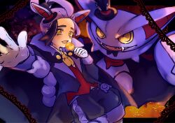  1boy absurdres alternate_costume animal_ears ascot bat_ears black_border black_hair black_hat border candy colored_sclera commentary_request fangs food gliscor gloves hat highres holding holding_candy holding_food holding_lollipop jacket kieran_(pokemon) lollipop looking_at_viewer male_focus mini_hat mini_top_hat multicolored_hair open_mouth pokemon pokemon_(creature) pokemon_sv purple_hair purple_jacket purple_shorts reaching reaching_towards_viewer red_vest shorts simple_background standing tacho_baby top_hat upper_body vest waistcoat white_gloves yellow_ascot yellow_eyes yellow_sclera 