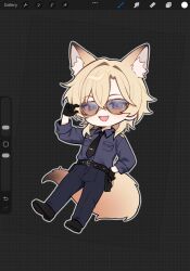  1boy alternate_costume animal_ears aventurine_(honkai:_star_rail) belt black_gloves black_necktie black_shoes blonde_hair chibi chibi_only dog_boy dog_ears dog_tail gloves hand_in_pocket highres honkai:_star_rail honkai_(series) looking_over_eyewear miclipsee necktie open_mouth police police_uniform procreate_(medium) screenshot shoes short_hair tail violet_eyes 
