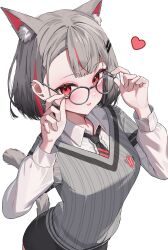 1girl absurdres adjusting_eyewear animal_ear_fluff animal_ears black-framed_eyewear black_nails black_skirt cat_ears cat_girl cat_tail collared_shirt cowboy_shot daimi_94 earclip earrings glasses grey_hair grey_sweater_vest hair_ornament hairclip hands_up hashtag-only_commentary highres jewelry long_sleeves looking_at_viewer multicolored_hair neneko_mashiro parallel_hairclips parted_bangs parted_lips red_eyes round_eyewear school_uniform shirt short_hair simple_background skirt solo standing stellive streaked_hair sweater_vest tail virtual_youtuber white_background white_shirt wing_collar 