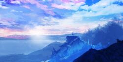 1girl absurdres arufa7ray blue_sky blue_theme clouds cloudy_sky commentary concept_art english_commentary facing_away forest from_behind highres hill lake landscape long_hair nature original scenery sky standing sun sunrise tree very_wide_shot 