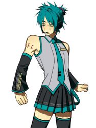  1boy 2lpxx_pi arm_tattoo bare_shoulders black_sleeves blue_hair blue_nails blue_necktie blue_skirt cosplay crossdressing crossdressing_(mtf) detached_sleeves gorillaz hashtag-only_commentary hatsune_miku hatsune_miku_(cosplay) headset highres male_focus necktie short_hair simple_background skirt solo stuart_pot tattoo thigh-highs white_background 