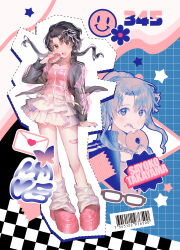  1girl absurdres bandaid_on_thigh black_hair black_jacket breasts brown_eyes camisole character_name commentary_request doughnut eating food hair_ribbon heart heart_necklace highres holding holding_donut holding_food idolmaster idolmaster_million_live! jacket jewelry leg_warmers long_sleeves looking_at_viewer multiple_views nail_polish necklace open_clothes open_jacket open_mouth parted_bangs pink_camisole pink_shoes purple_nails ribbon shoes short_hair_with_long_locks skirt small_breasts takayama_sayoko teeth upper_teeth_only white_leg_warmers white_ribbon white_skirt yatatashira 