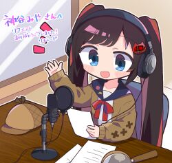 1girl :d blue_eyes blue_sailor_collar blush_stickers brown_cardigan brown_hair brown_hat cardigan cat_hair_ornament chair collarbone commentary_request commission hair_ornament hand_up hat headphones highres holding holding_paper indie_virtual_youtuber kamiya_miya long_hair long_sleeves magnifying_glass microphone newsboy_cap open_cardigan open_clothes open_mouth outline paper parted_bangs richard_(richaball) sailor_collar school_uniform serafuku shirt skeb_commission smile solo table twintails union_jack unworn_hat unworn_headwear upper_body virtual_youtuber white_outline white_shirt 