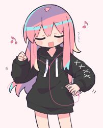  1girl :d black_hoodie blush_stickers closed_eyes commentary_request cowboy_shot drawstring earphones hand_up highres holding holding_phone hood hood_down hoodie listening_to_music long_hair long_sleeves musical_note open_mouth original phone pink_background pink_hair richard_(richaball) sidelocks simple_background smile solo 