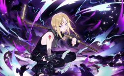  1girl artist_request bare_shoulders black_arm_warmers black_boots black_jacket black_pantyhose black_skirt black_wrist_cuffs blonde_hair boots chain closed_mouth cross ear_piercing earrings electricity expressionless floating_hair frilled_skirt frills full_body game_cg gem highres holding holding_lead_pipe hood hood_down hooded_jacket hoop_earrings jacket jewelry jitome lace_arm_warmers lead_pipe light_frown long_hair magia_record:_mahou_shoujo_madoka_magica_gaiden magical_girl mahou_shoujo_madoka_magica mahou_shoujo_madoka_magica_magia_exedra miniskirt official_art open-toe_boots outline over_shoulder pantyhose piercing pleated_skirt purple_outline red_gem sidelocks skirt sleeveless sleeveless_jacket solo squatting storm third-party_source toes torn_arm_warmers torn_clothes torn_pantyhose two-sided_fabric two-sided_skirt violet_eyes weapon weapon_over_shoulder wrist_cuffs yukino_kanae zipper 