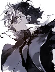  1boy bad_id bad_twitter_id bishounen coat collared_shirt cookie_run cookie_run:_kingdom dark-skinned_male dark_skin espresso_cookie from_side glasses greyscale humanization inactive_account male_focus monochrome nana_(ebitokanimiso) open_clothes open_coat painttool_sai_(medium) profile round_eyewear shirt short_hair sketch upper_body white_background 