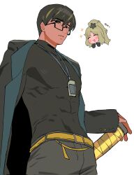  1boy belt black-framed_eyewear black_coat black_hair black_pants black_shirt blonde_hair chibi chibi_inset coat compression_shirt covered_abs cowboy_shot english_commentary ezra_(project_moon) glasses hand_on_hilt highres id_card limbus_company male_focus multicolored_hair pants pectorals project_moon semi-rimless_eyewear shirt simple_background skin_tight streaked_hair sword vespa_crabro weapon white_background yellow_belt yongsadragon 